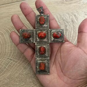Vintage Zuni Navajo Western Coral Sterling Silver Cross Pendant